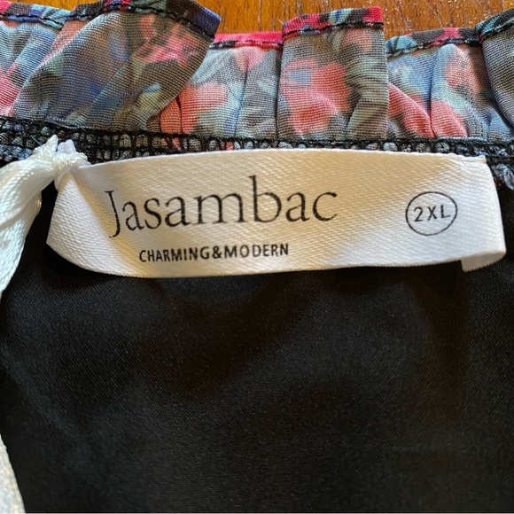 JASAMBAC Women plus size 2X Floral ruffle flutter sleeve button up Blue Blouse - Picture 7 of 8